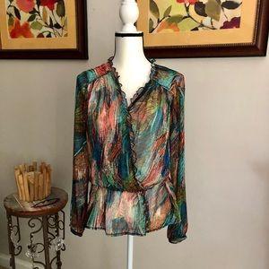 🆕 GUESS Stunning sheer multi colored blouse -sz L